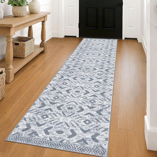 KILOCOCO Hallway Runner Rug 2'x8' Runners for Hallways Washable Runner Rug Non Slip Laundry Room Rugs Low-Pile Runners for Bedroom Kitchen Living Room Boho Rugs, Grey White