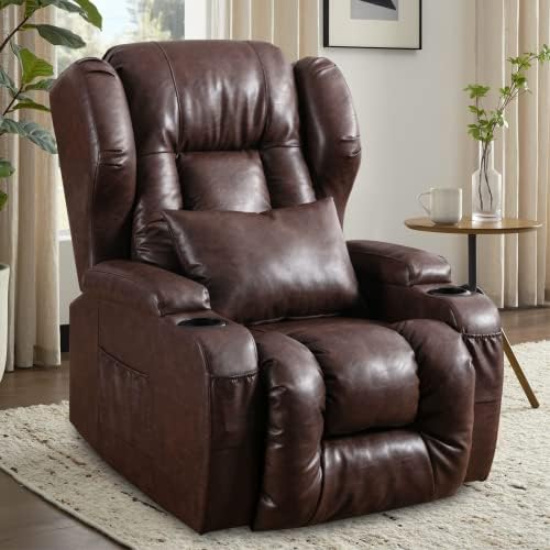 ETAGERIA Rocker Recliner Chairs 360° Swivel Glider Recliner Ergonomic Leather Lounge Rocking Chairs for Nursery with Cup Holders/Side Pockets/Pillow for Living Room