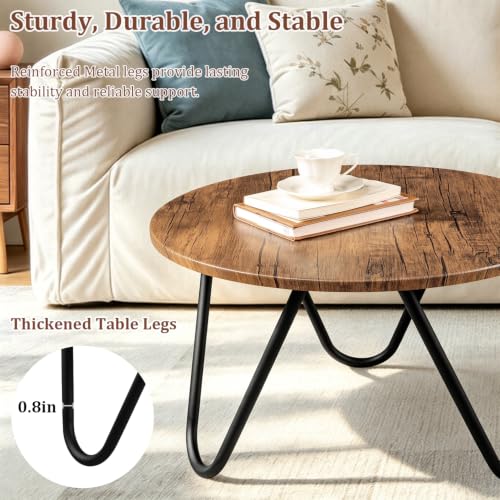 Image of Round Coffee Table 23.6 inch Wooden Circle Living Room Coffee Tables with Steel Frame Simple Modern Accent Center Table for Small Space Home Office Outdoor Light Brown