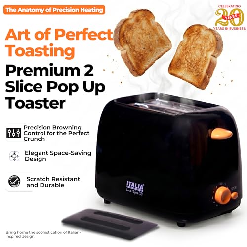 Image of ITALIA Premium 750 Watts 2-Slice Pop-up Toaster | Dust Cover & Effortless Slide Out Crumb Tray | 6-Level Browning Controls | Mid-Cycle Cancel Feature | Black Toaster | 1M Long Cord | 1-Year Warranty
