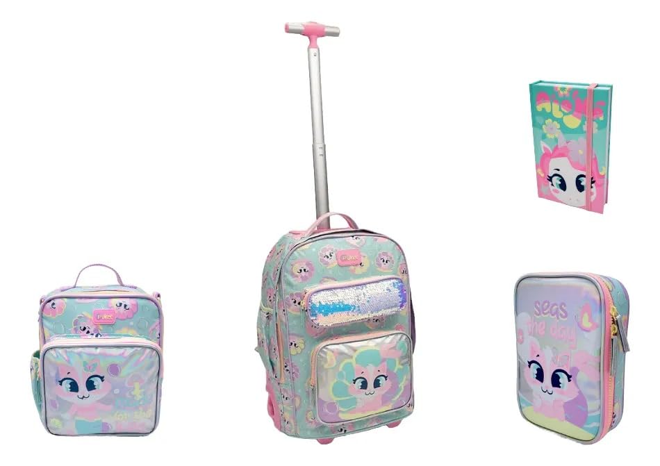 Kit Mochila Grande Gata Sereia Com Lancheira E Estojo Puket