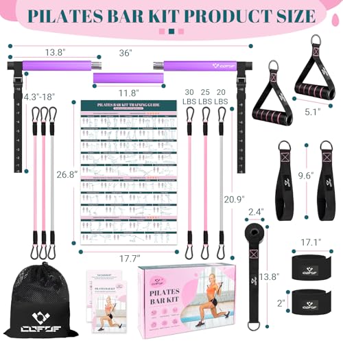 Pilates Bar Kit with Resistance Bands, Multifunctional Yoga Pilates Bar with Heavy-Duty Metal Adjustment Buckle, Portable Home Gym Pilates Resistance Bar Kit for Women Full Body Workouts -Purple