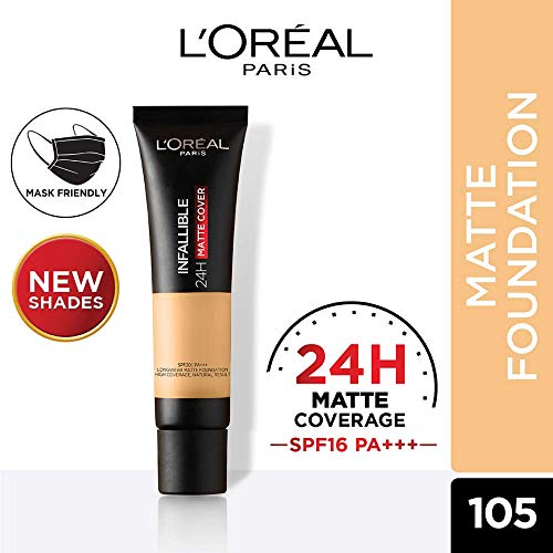 Image of L'Oreal Paris Liquid Foundation, Waterproof, Sweatproof and Heatproof, Oil-Control, Infallible 24H Matte Cover, 105 Fair Linen, 35 ml (Pack of 2)
