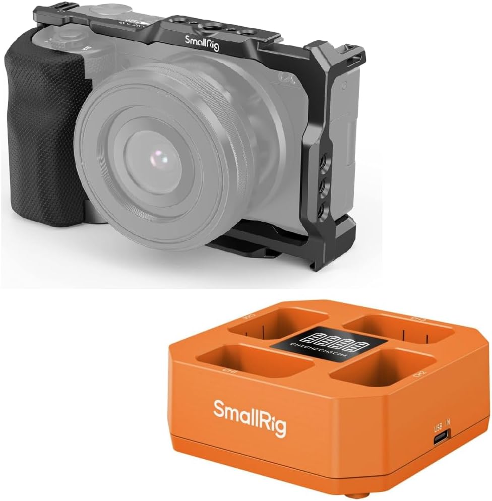 SMALLRIG ZV-E10 Cage with Silicone Handle and NP-FW50 4-Channel Camera Battery Charger for Sony