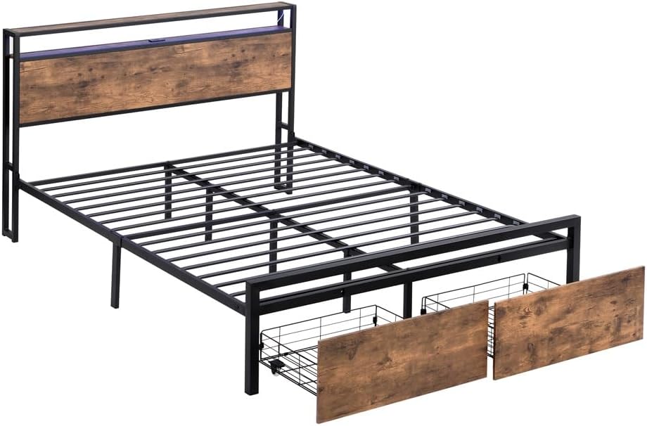 Bed Frame with Ergonomic Headboard and 2 Drawers, Fast Assembly Metal Bed with LED Lights, Outlets & USB, Bed Frame Full Size with Storage, Noise Free, No Box Spring Needed(Queen)
