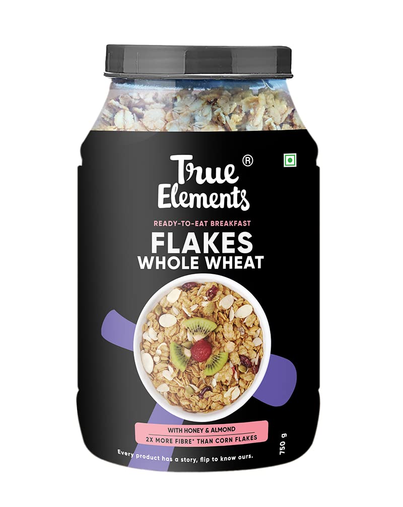 True Elements Wheat Flakes 750G-Honey&Almonds Wheat Flakes -100% Wholegrain Cereal|Healthy Crunchy Breakfast|Diet Food