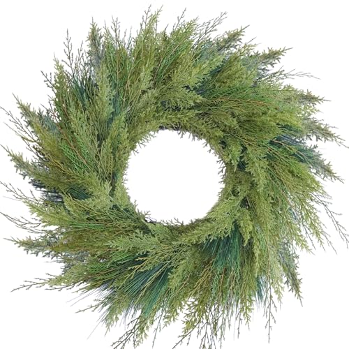 BINFEN 24” Green Faux Norfolk Pine Christmas Winter Wreath – Mixed with Real Touch Fake Cypress, Cedar & Spruce, Xmas Wreaths for Front Door Porch Mantel & Fireplace