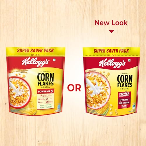 Image of Kellogg's Corn Flakes Original | Power of 5: Energy, Protein, Iron, Vitamins B1, B2, B3 & C| Corn Flakes, Breakfast Cereal | Naturally Cholestrol Free875g /900g(Weight may vary)