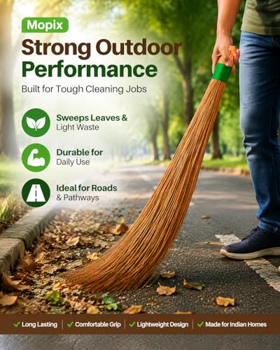 Image of 1 pic Heavy Duty Coconut Broom Coconut Fiber Jhadu for Floor Cleaning Strong Durable 95 cm Long Natural Bamboo Handle Eco Friendly 400 Gram Cleaning Jhadu for Wet Floor Outdoor Garden Home Use