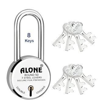 Alone Round Lock Key Long Shackle Double Locking | Locks & Keys for Home Door Grill Main Gate Shop Shutter Lock (50mm 8 Keys Long Shackle Pack of 1)