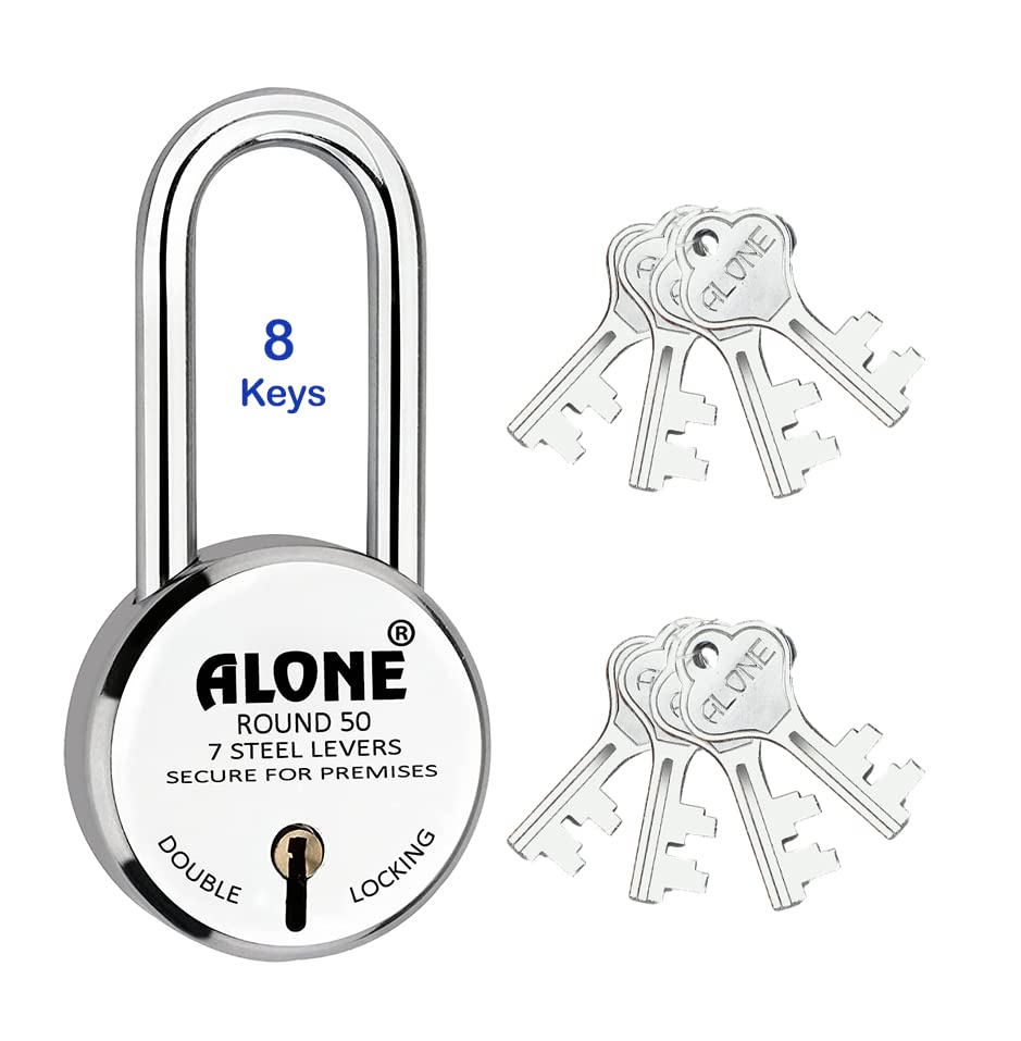 Alone 50mm New Round Lock | Long Shackle | Steel Body | Double Locking | 8 Steel Levers 8 Keys | Small Lock and Keys for Home Door Gate Shop | Made in India | Door Padlock | Chrome Finish (Pack of 1) (B0C5CDXR1Z) Amazon Price History, Amazon Price Tracker