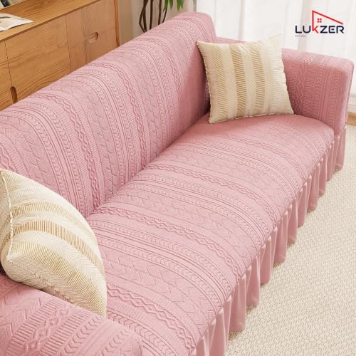 Image of Lukzer 3 Seater Jacquard Sofa Cover with 360 Frill Skirt - Pastel Pink Zigzag Pattern| 240 GSM Stretchable Anti-Slip Fully Covered Universal Couch Cover for Living Room (180-230CM /SC-078-03F)