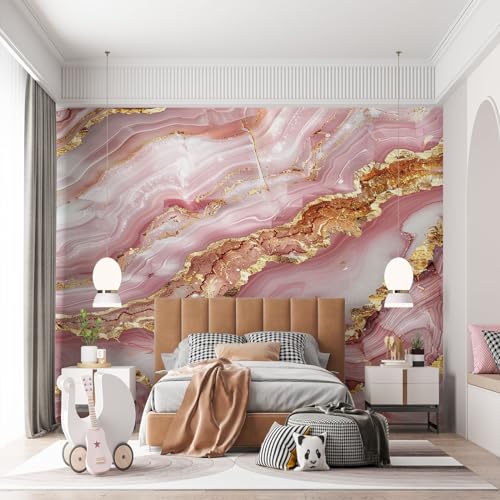 Papier Peint Intissé Marbre Masquer Défauts Mur Salon Rose - 2
