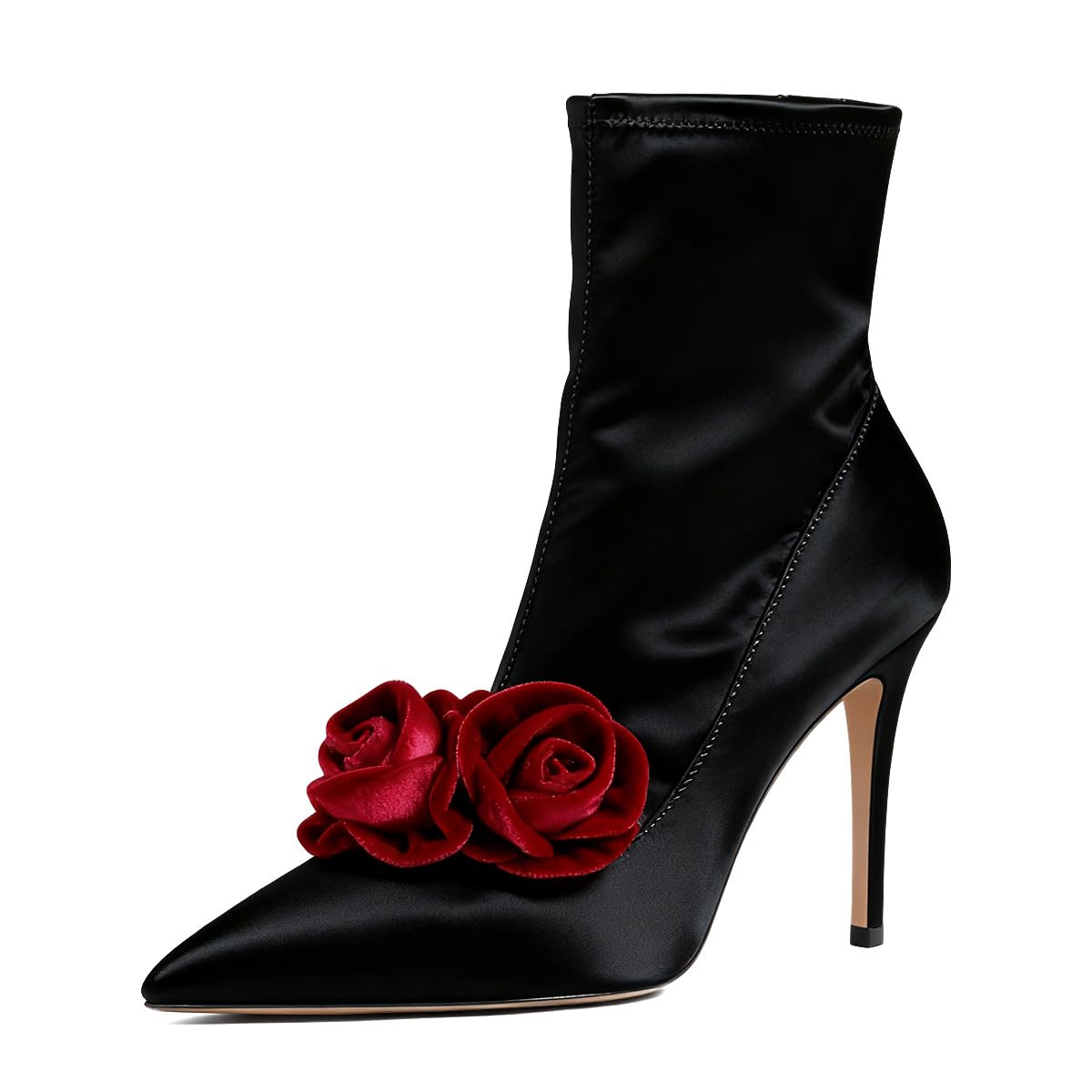 XYD Women Satin Pointed Toe Ankle Boots Romantic Rose Flower Stiletto Heel Booties Side Zip Party Evening Shoes