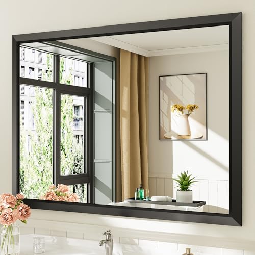 48x36 Inch Black Bathroom Mirror for Wall, Thick Metal Framed Rectangle Mirrors for Over Sink, Bedroom, Living Room, Entryway, Anti-Rust, HD Tempered Glass