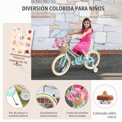Miniatura 4 de Glerc 18 Pulgadas Niños Niñas Bicicleta Para 5 6 7 8 Años Niñas Retro Estilo Vintage Bicicletas Con Cesta De Ruedas De Entrenamiento Y Campana, Verde Menta
