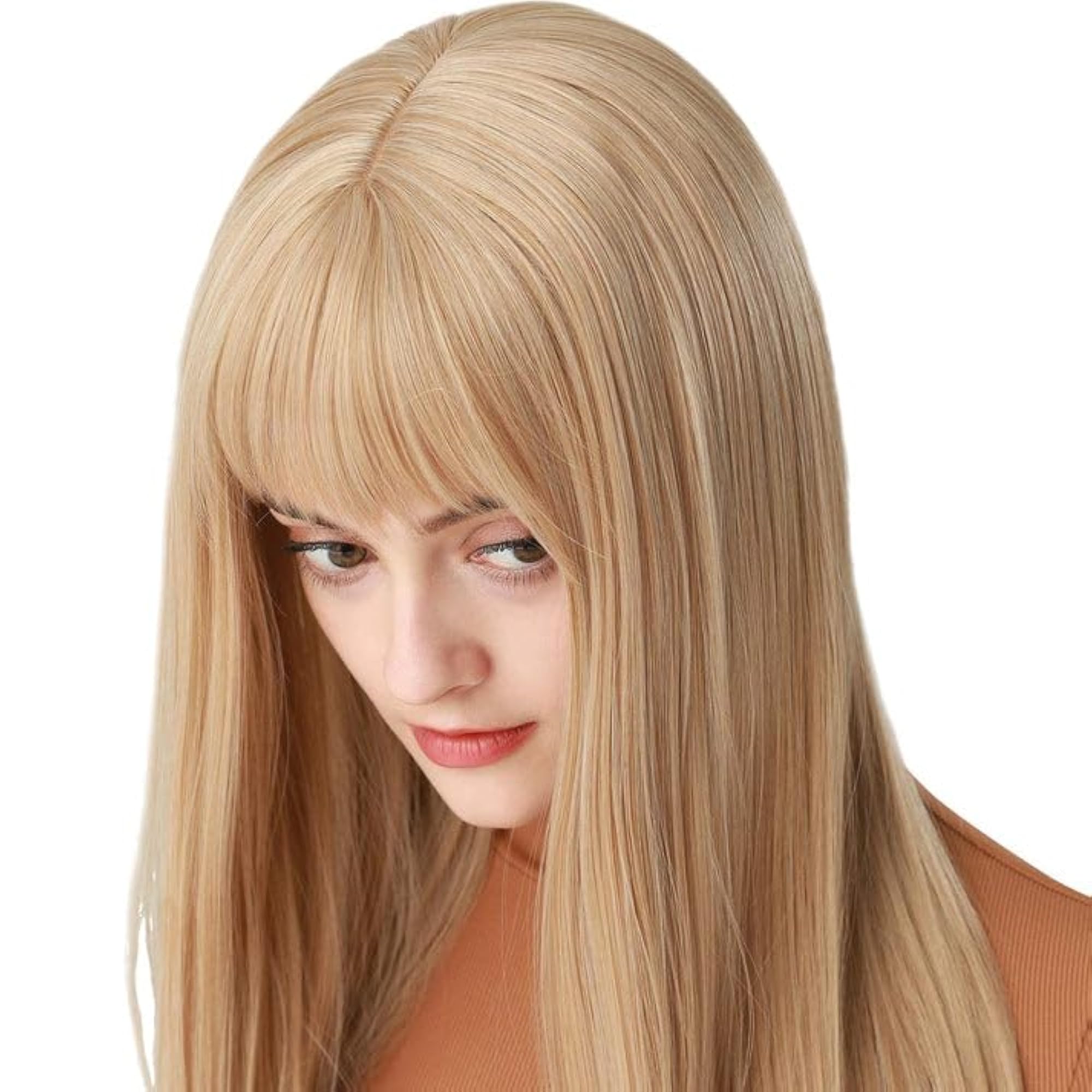 Long Straight Blonde Wig with Bangs for Women