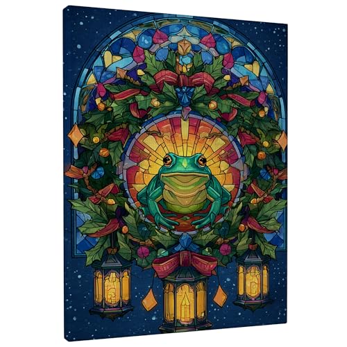 Stampa artistica da parete in tela con anfibi in vetro colorato, fantasiosa ghirlanda di lanterne, decorazione natalizia verde, da appendere alla parete, per sala da pranzo, bagno, ristorante, camera
