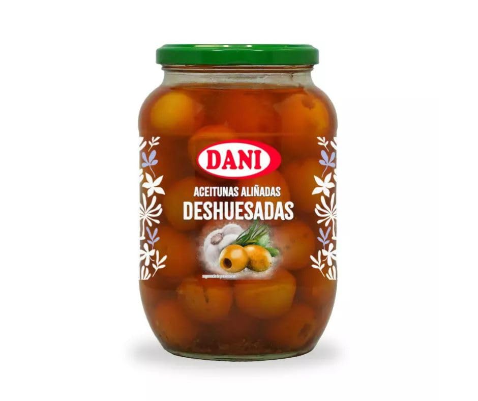 DANI Aceitunas Gourmet - Chupadedos, Aliño Casero, Olivicas y más - Sabor Tradicional 850ml + Regalos con 3 Und (2 Botes 850ml., Aceitunas aliñadas deshuesadas)