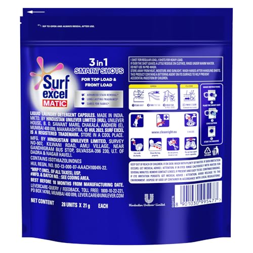 Image of Excel 3 in 1 Smart Shots Unit Dose Liquid Detergent Pack of 28 Count for Both Front Load and Top Load Washing Machines|| (28 U x 19.9 g)