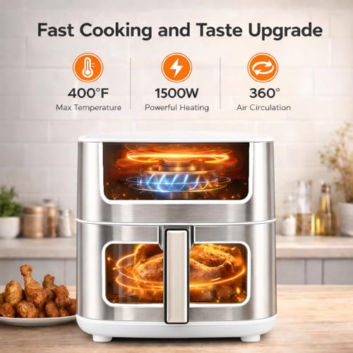 Image of Simple Deluxe 8-in-1 Air Fryer 6.34 Qt, Digital Preset Airfryer with Visible Window, Nonstick and Dishwasher-Safe Basket, Air Fry, Chicken, Pizza, Dehydrate, Fries, 90-Min Timer, 1700W, White