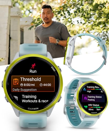 Image of Garmin Forerunner 570 47mm Advanced GPS Running & Triathlon Smartwatch, AMOLED Display, Training & Recovery, Amp Yellow Aluminum w /Translucent Whitestone /Turquoise Band w / Wearable4U PowerBank Bundle