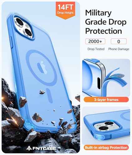 Image of FNTCASE for iPhone 15 Case: for iPhone 14 Case & iPhone 13 Case [Compatible with Magsafe] Translucent Matte Cases with [Screen Protector] Military Grade Shockproof Protective Phone Cover - Ice Blue