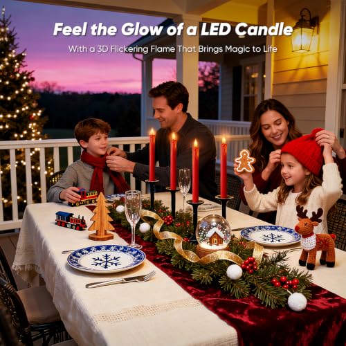 Image of Homemory 6 Pcs Real Wax Made Flameless Taper Candles with Remote and Timer, Red Battery Operated Candlesticks Flickering, 9.6 inch Led Taper Candles with Lifelike Flame for Xmas Home Date Decor