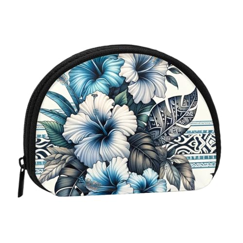 Portable Coin Purse Hawaiian-Hibiscus-Polynesian-Tribal Mini Zippered Money Pouch Card Holder