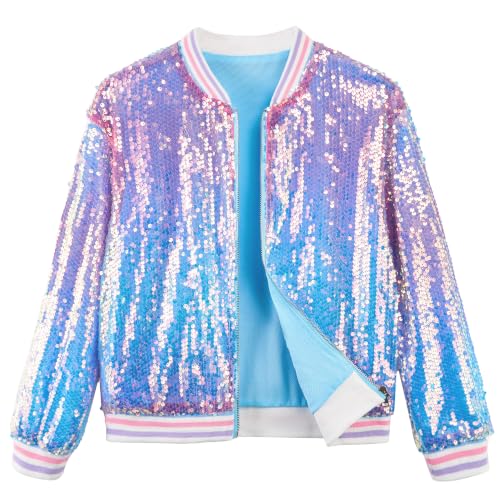 Image of LOLANTA Girls Sequin Bomber Jacket with Pockets Zipper Long Sleeve Sparkle Baseball Jackets, Glowing blue, 8-9 Years, 140