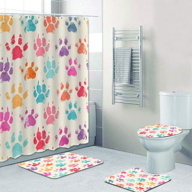 SHUOFUSHHome Decor Cute Black White Dog Paw Shower Curtains Bathroom Curtain Set for Bathtub Animal Pet Puppy Paws Bath Bathroom Curtains Mats Rug Toilet 4-piece set 180X180 cm 4PCS Set6
