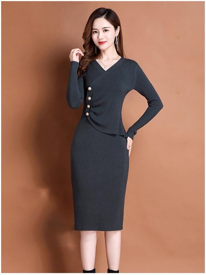 LIXINGHEITANG Sweater Dress Long Wool Skirt Women's Autumn and Winter Figure- Knitted