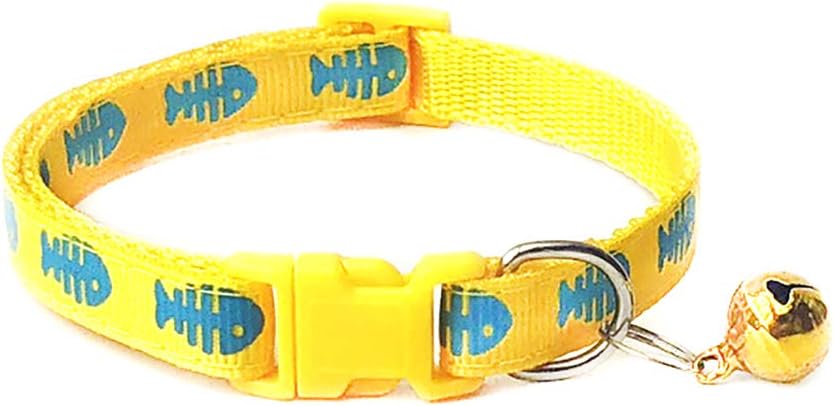 Gilroy Dog Cat Fish Bone Print Breakaway Collars with Bell Cute Puppy Kitten Adjustable Buckle Collars Neck Strap Pet Supply Yellow
