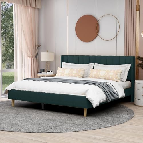 Image of AGARTT Upholstered Platform Bed Frame King Size, Ink Green Velvet