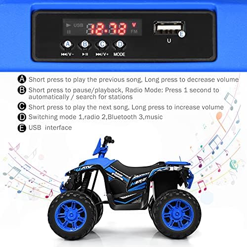GYMAX Kids Electric Quad Bike, Children Ride On ATV with Bluetooth, Lights, Music, Horn, High/Low Speeds and Slow Start, 12 V Battery Powered Toy Car for 3-7 Years Boys Girls (Blue)