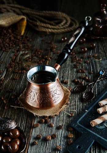Image of DEMMEX 15 oz Large Copper Turkish Coffee Pot Cezve Ibrik Greek Coffee Briki Stovetop Coffee Maker with Wooden Handle & Spoon, 1mm Thick Copper, Handmade & Engraved in TURKEY, 6 Servings