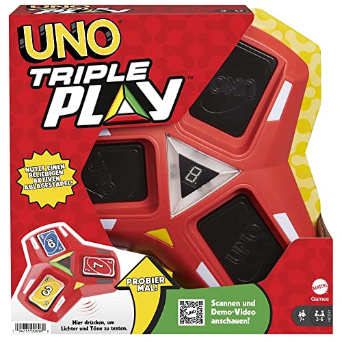 Mattel Games Uno Triple Play , juego de mesa con 112 cartas, base con pantalla Led con luces y sonidos emocionantes. Para niños +7 años y adultos. HCC21