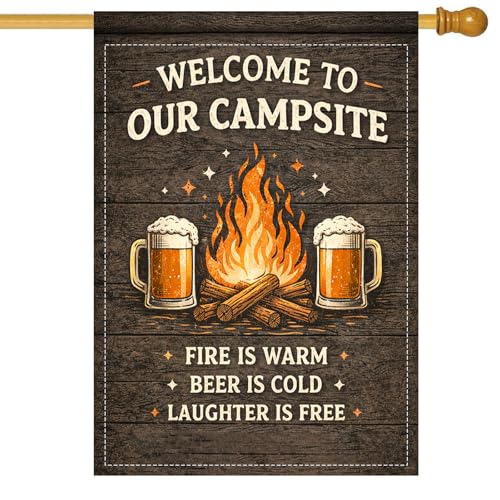 Image of Nuxovilar Camping Flag Fire Pit Garden Flag 28x40 Inches Polyester | Campsite Banner Vintage Lawn Decor Campsite Fire Pit Entryway (Rustic Campfire)