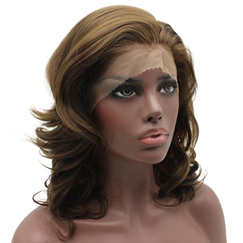 Iewig Synthetic Lace Front Brown Wig for Women Shoulder Length Heat Resistant Wavy Wig