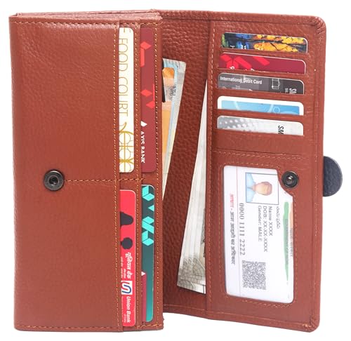 Image of WildHorn Women's Genuine Leather RFID Blocking Wallet | Tri-Fold High-Capacity Ladies Purse with Card Slots, Zipper Coin Pocket & Snap Closure | Ideal Gift for Women (Tan)