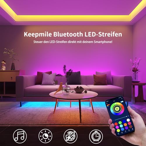 Keepsmile LED Strip 10M RGB, Bluetooth LED Streifen mit APP & Fernbedienung, Musik Sync, Dimmbar Farbwechsel Lichtband, Selbstklebend LED Beleuchtung für Zimmer, Schlafzimmer, Gaming, Party & Deko – Bild 3