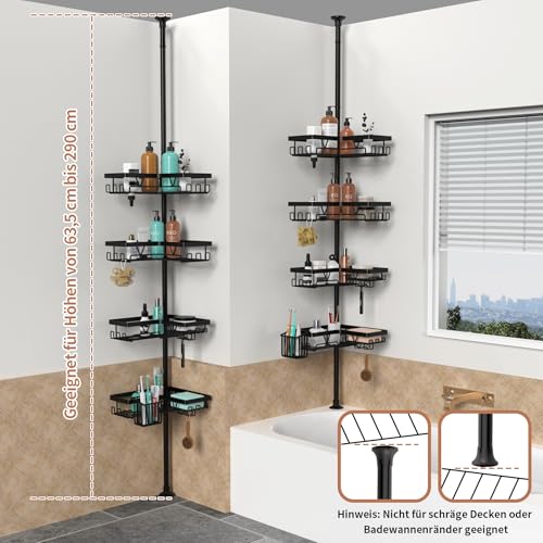 YIGII Teleskop Duschregal – Teleskopstange Dusche aus Edelstahl, Schwarzes 4-stöckiges Eckregal Ohne Bohren mit Zahnbürstenhalter, verstellbar 63.5–290 cm
