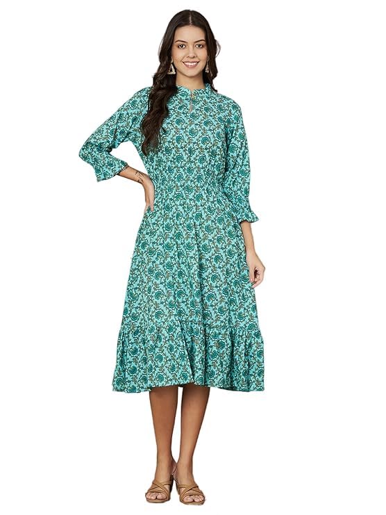 Aaheli Turquoise Floral Printed Cotton Dress with Mandarin Collar and Smocked Waist – Comfort Fit