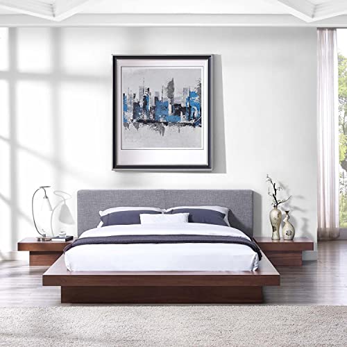 Modway Freja Fabric Upholstered Platform Queen Size Bed And Two Nightstands In Walnut Gray #TOP2