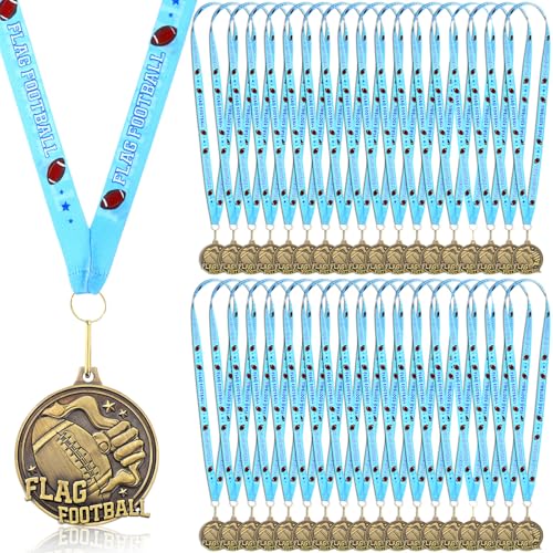 Loetere 12 Pcs Award Medals 2 Funny Sports Awards Trophy with Neck Goat Basketball Cross Country Race Track Swimming Ribbon Winner Prizes Bulk Gift for Team Competitions Party Favor (Flag Football)
