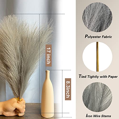 Acfruits Faux Pampas Grass Small, 17" Gray Artificial Pampas Grass Fluffy 3 Pcs Pompous Grass Flower Arrangement And Vase Filler For Boho Home Wedding Decoration #TOP4