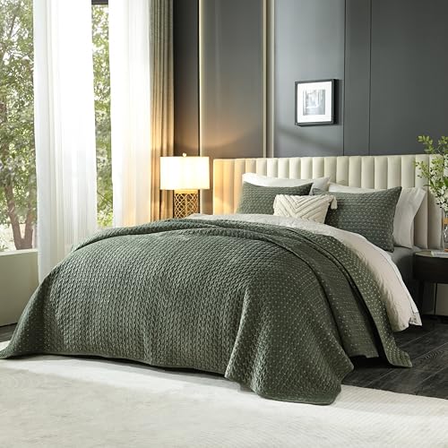 Image of Grassix Velvet Quilt Set Queen Size, Luxury Cross Stitch Design, Army Green | Lightweight Velvet Comforter with 2 Pillow Shams, Ultra Soft Bedspread Coverlet, Quilted Bedding Set for All Seasons, 90 inchx96 inch