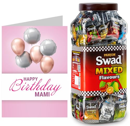 Image of Swad Happy Birthday Mami Gift with Card (Swad Mixed Flavours Candy 200 Jar & 1 Greeting card) 2 units