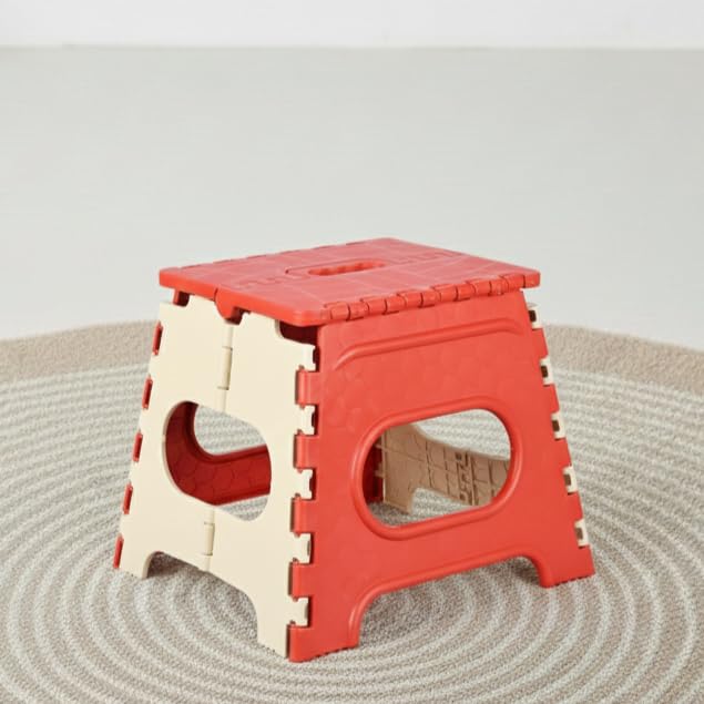 Image of U-MAX 12 Inch Portable Folding Step Stool, Compact, Lightweight & Durable for Kitchen, Bathroom, Outdoor Use (Red-Ivory)