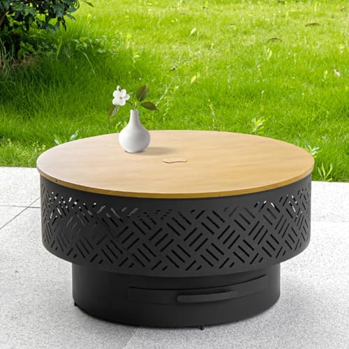 Self-Burning Grill OutVue 32' Wood Burning Fire Pits with Grill & Lid, Fire Pit Table for Outside with Waterproof Cover...